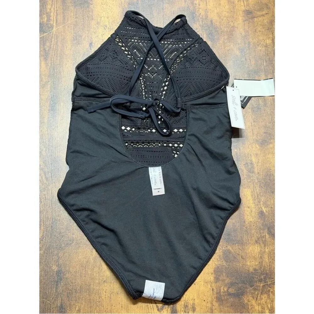 ✨ Salt + Cove Black Crochet One Piece Swimsuit Size Medium NWT ✨
